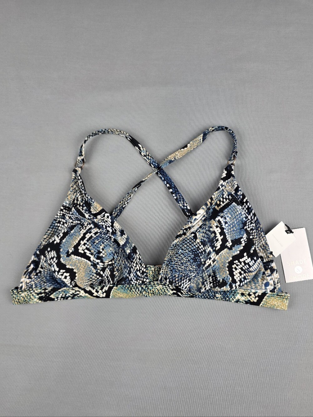 Triangle Bikini Top Blue/ Black Snakeskin Cross Back Strap Whimsgoth Size Large